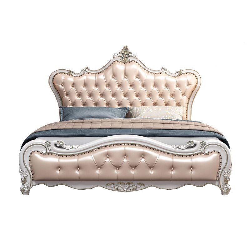 84.65 inch Wide Victorian Bed Frame Rubberwood Bed with Upholstered Headboard