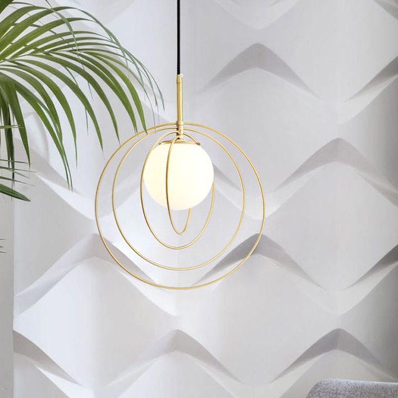 Moveable Wire Cage Pendulum Light Simple Novelty Metal 1 Bulb Gold Hanging Pendant with Ball Opal Glass Shade