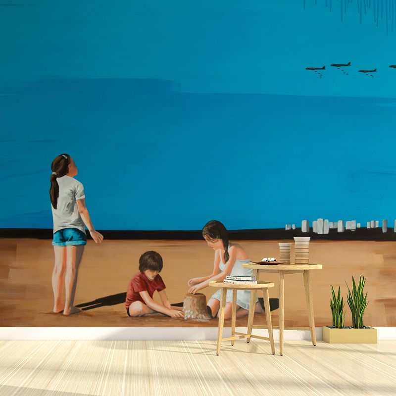 Artistic Kids Wall Paper Mural with Have Fun at Beach Painting Blue-Brown Wall Covering