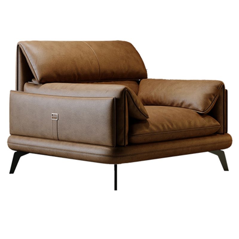Pillow Top Arm Sofa in Brown Genuine Leather Sewn Pillow Back Sofa