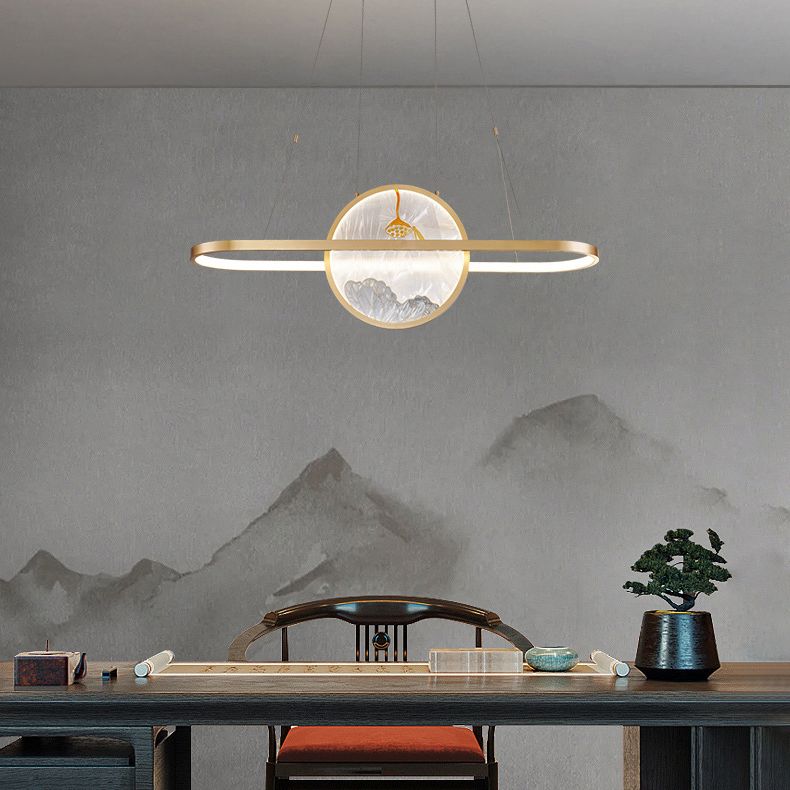 Chinese Style Gold Round Linear Island Pendant Lighting LED Metal Island Ceiling Light for Living Room