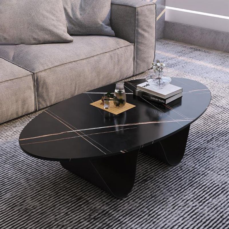 Glam Style Stone Top Coffee Table with Steel Base in Oval Cocktail Table