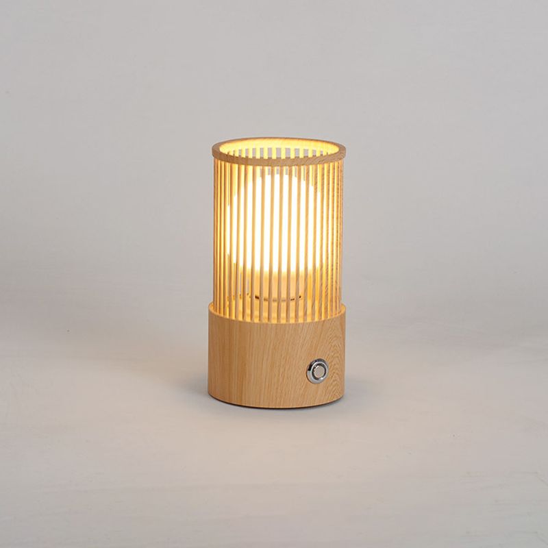 Beige Tubular Cage Desk Light Minimalist 1 Light Wood Table Lamp for Coffee Shop