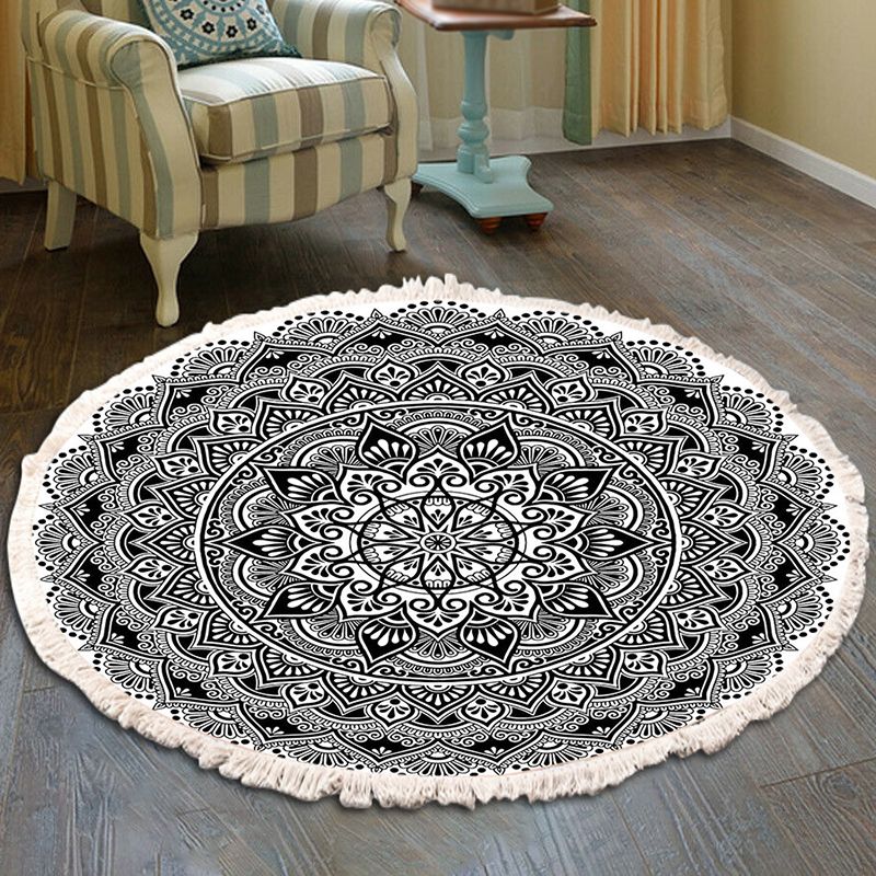 Round Black Tone Moroccan Area Carpet Cotton Concentric Circles Indoor Rug Washable Carpet for Living Room
