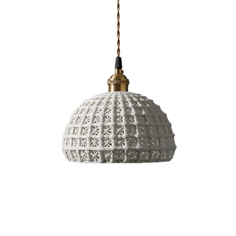 Nordic Grid Dome Hanging Lamp 6.5"/8" Wide Single Bulb Ceramics Pendant Light for Dining Room Corridor - White