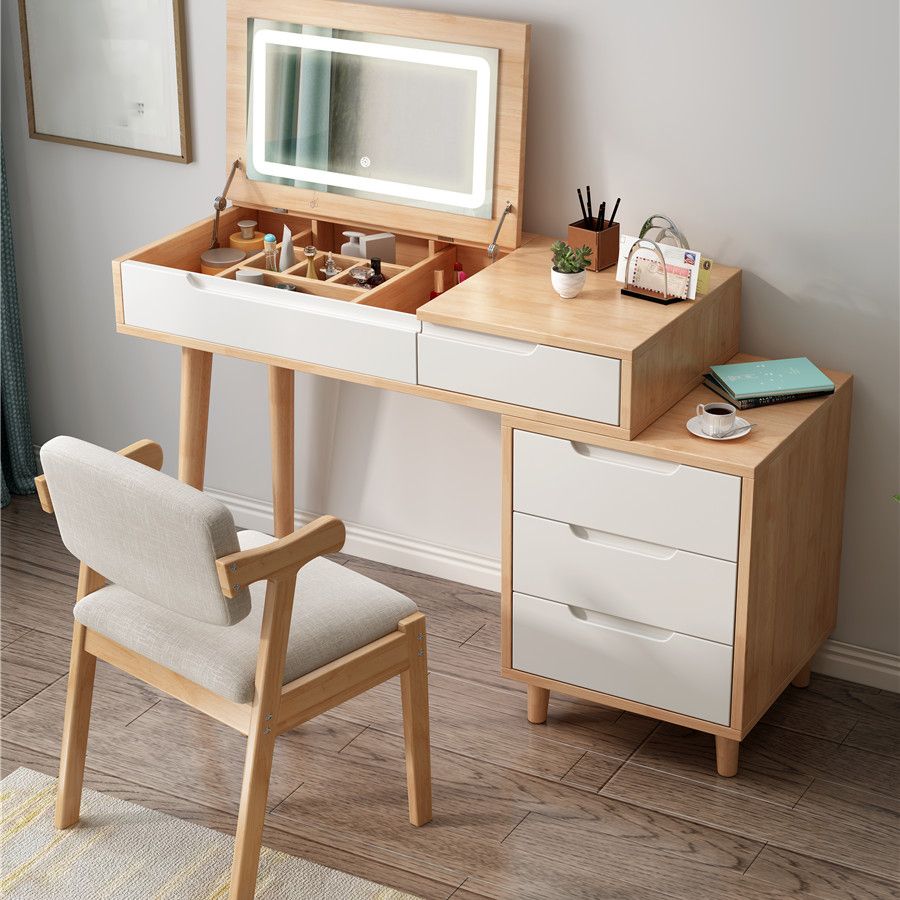 Modern Rubberwood Dressing Table Set with Stool 1-Mirror Wood Vanity Table