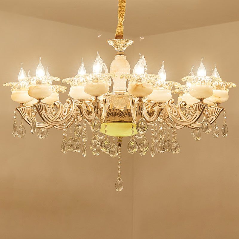 Gold Petal Chandelier Lamp Contemporary Jade Suspension Light with Crystal Draping