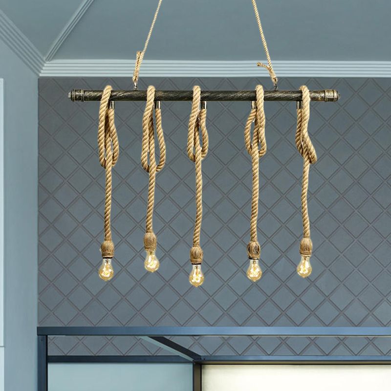 Adjustable Rope Exposed Island Light Retro Industrial 5/6-Light Restaurant Island Ceiling Light in Beige/Light Yellow