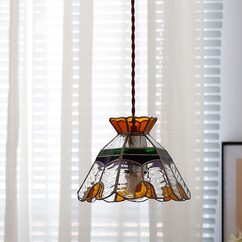 1-Light Bell Hanging Lamp Tiffany Coffee Finish Stained Glass Pendant for Dining Room