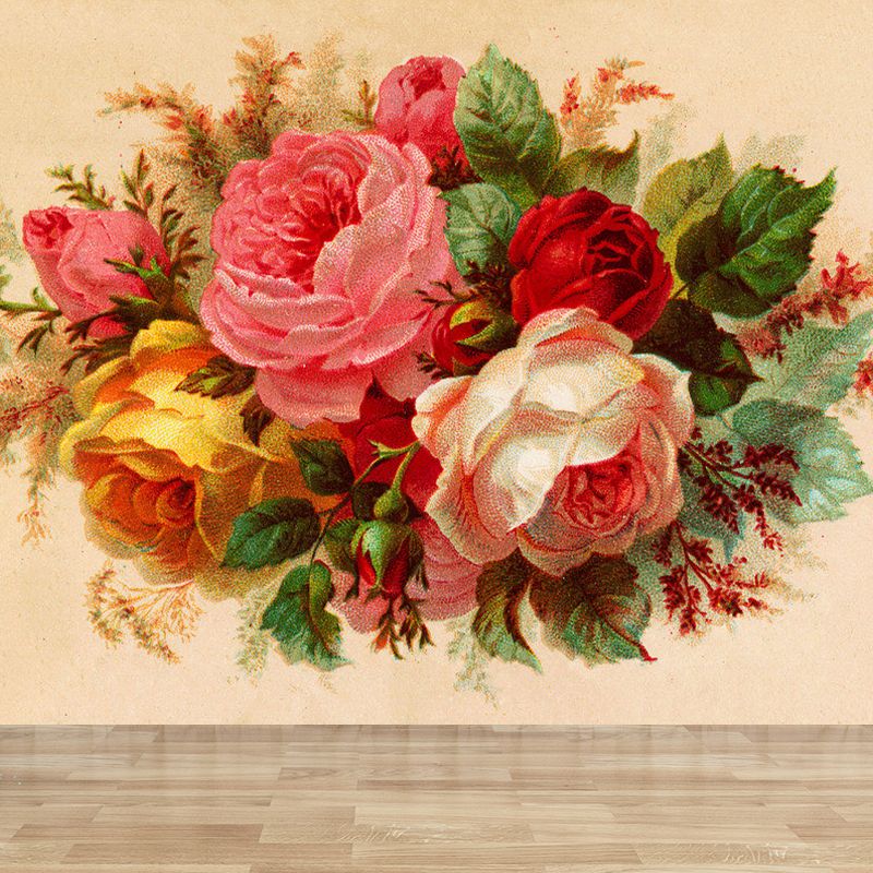 Full Size Illustration Modern Mural Decal with Blossoming Rose in Pink, Made to Measure
