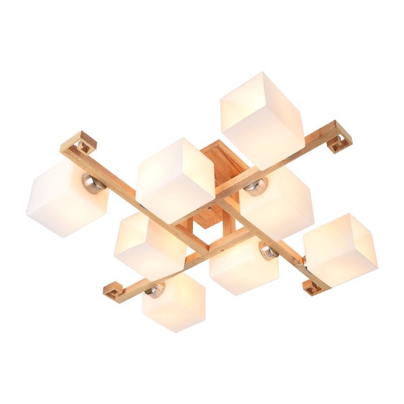 Plafonnier géométrique en bois semi-encastré artistique moderne avec abat-jour en verre blanc