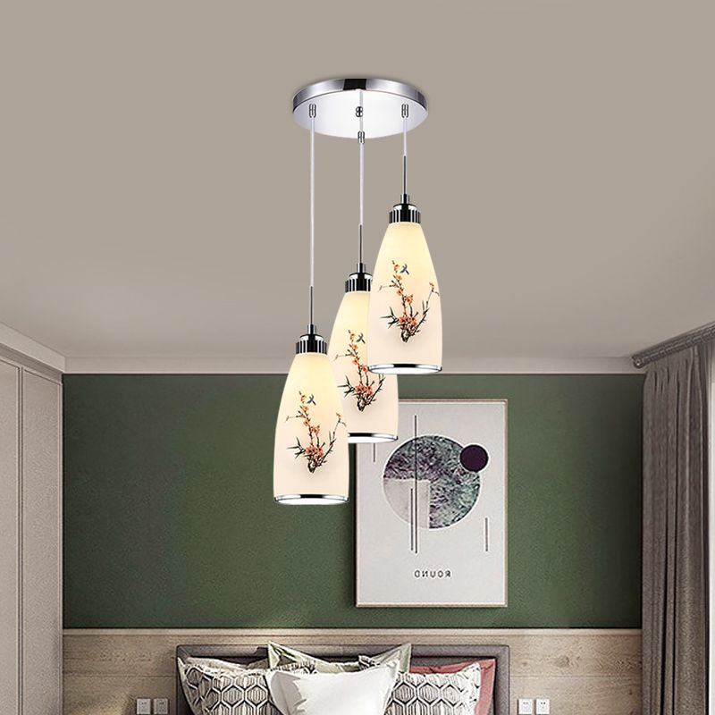 3-Light Drop Pendant Minimalist Oblong White Printing Glass Multiple Hanging Lamp with Round/Linear Canopy