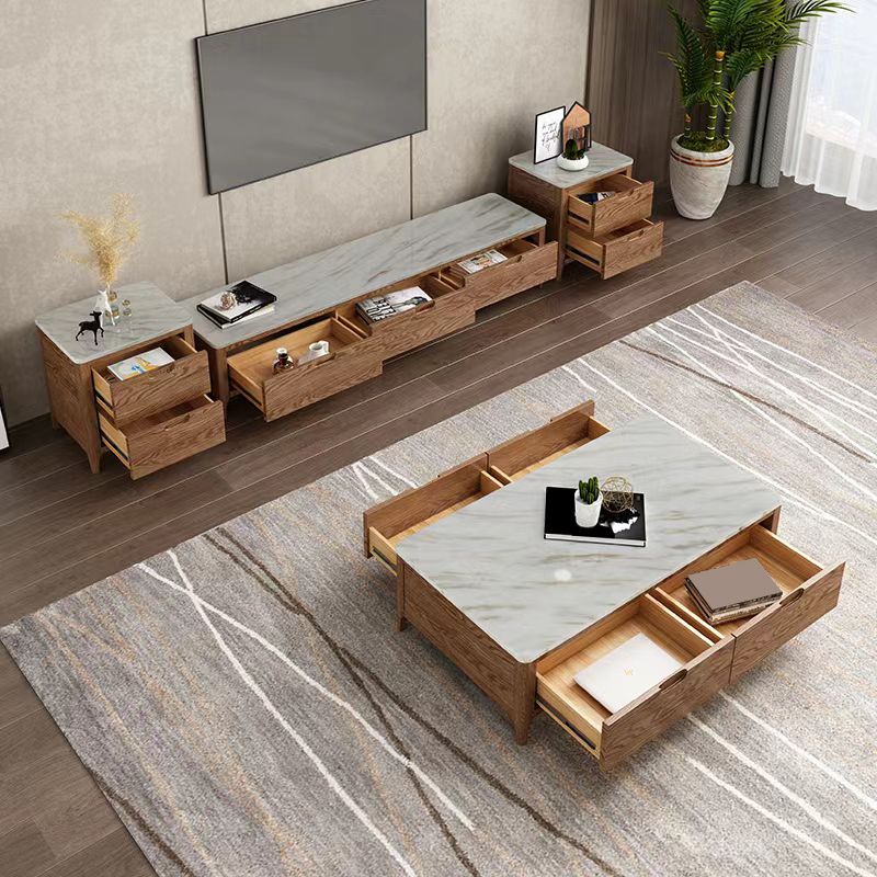 Solid Wood 4 Legs Coffee Table with Storage Drawers Marble Top