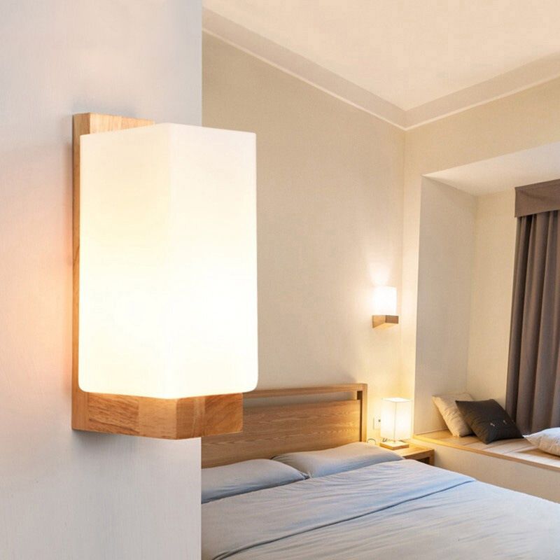 Wooden Rectangular Wall Sconce in Modern Minimalist Glass 1-Light Wall Lamp for Bedroom