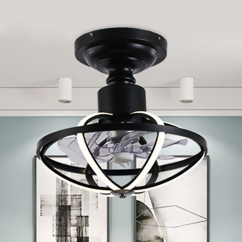 Caged Living Room Ceiling Light with Fan Aluminum 6-Blade Industrial LED Semi Flush Mount in Black, 17" W