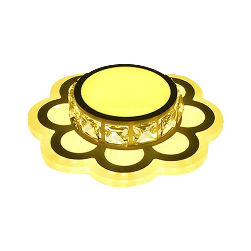 LED Drum Flush Mount Light Contemporary Beveled Crystal Ceiling Lighting in Ivory with Floral Design