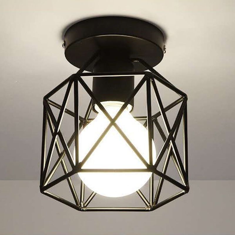 1-Light Wire Cage Semi Flush Mount Ceiling Fixture Industrial Metal Semi Flush