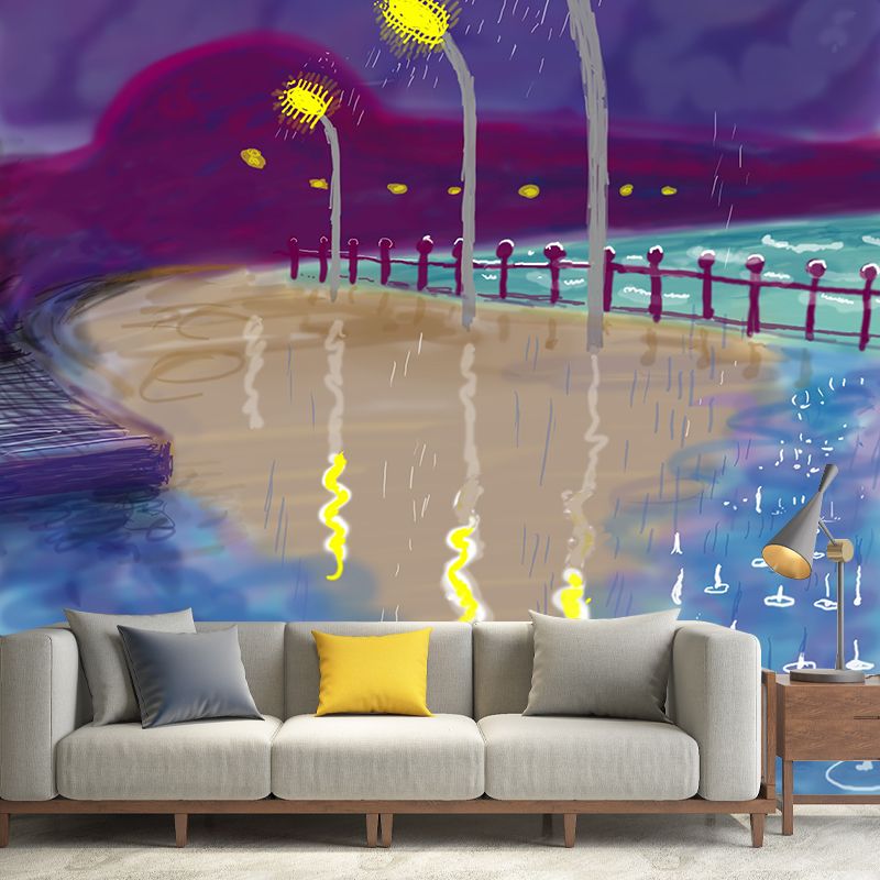 Road Lamp in Rain Mural Decal Art Deco Stain-Resistant Living Room Wall Covering, Optional Size