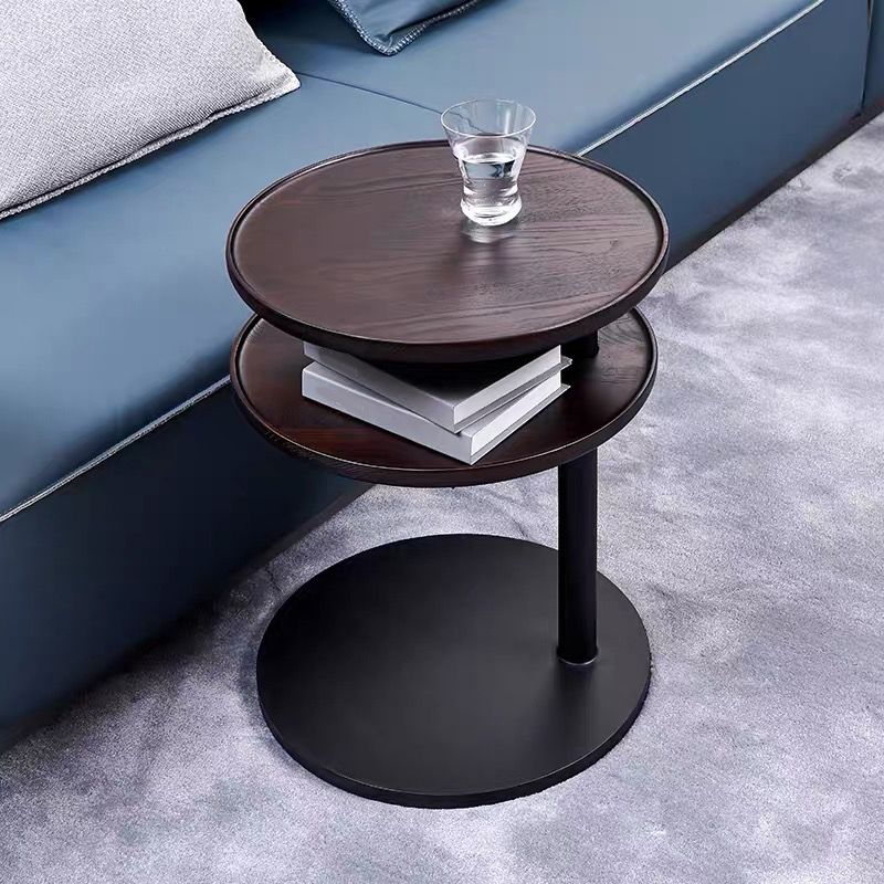 Modernistic Living Room Double Tier Round with Storage Pedestal Wood Side Table