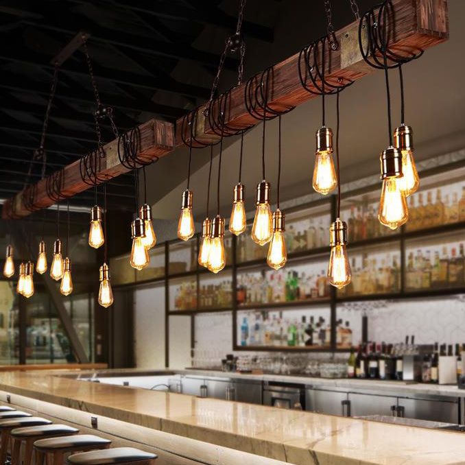 Linear Shape Pendant Light Modern Style Wood 10 Lights Hanging Lamp in Brown