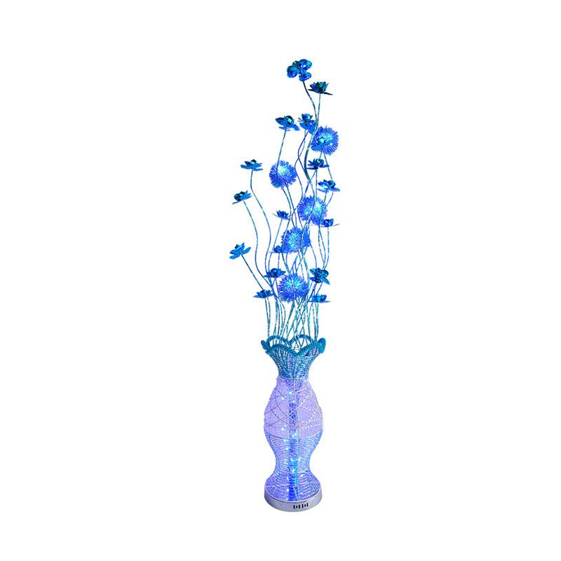 Vase-Shaped Decorative Pleated Floor Lighting Rustic Bedroom LED Decorative Standing Lamp with Flower Decor in Blue