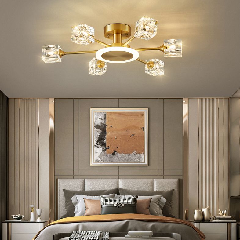 Square Crystal Shade Semi Flush Mount in Modern Luxury Style Sputnik Metal Ceiling Light for Living Room