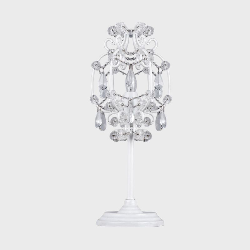 Lámpara de mesa de linterna de estilo retro de metal de 1 luz iluminación de mesita de noche en blanco/oro con gotas de cristal transparentes