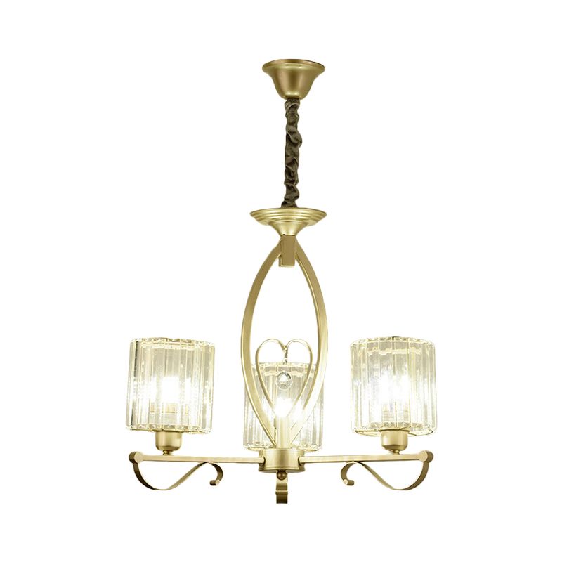 Crystal Cylindrical Suspension Light Traditional 3/6 Heads Sitting Room Chandelier Pendant Lamp in Gold