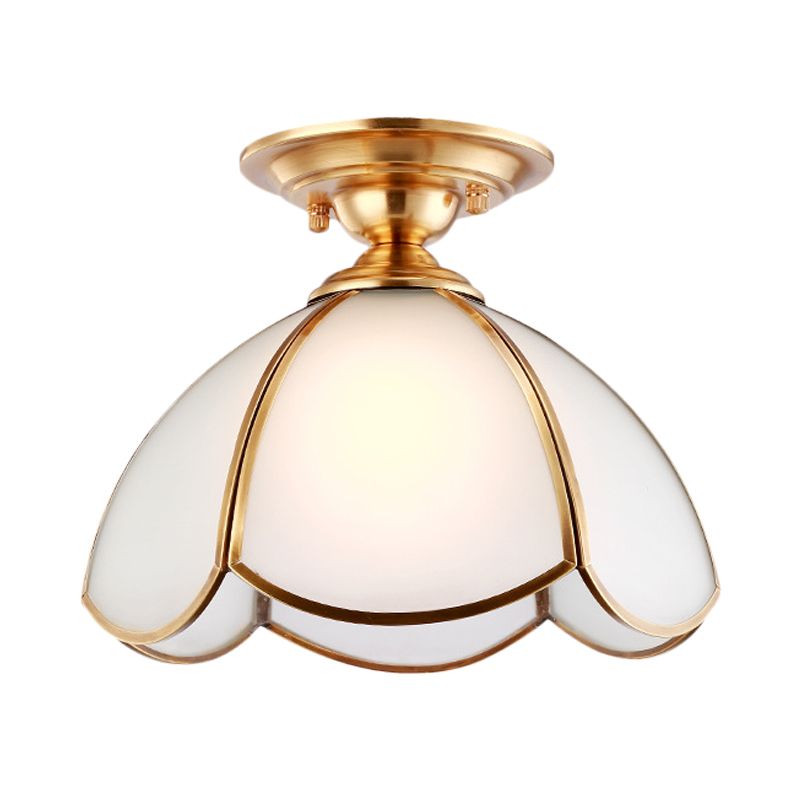 Dome Semi Flush Mount Tradition Opal Glass Brass 1 Bulb Ceiling Light Fixture for Bedroom