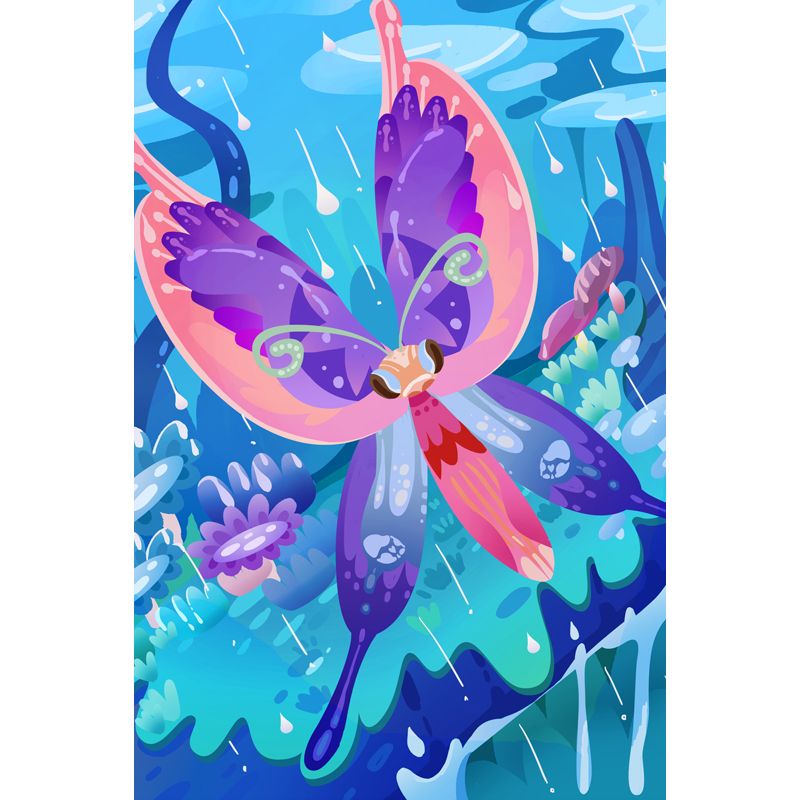 Blue Raining Meadow Wall Mural Butterfly Kids Waterproofing Wall Decor for Bedroom