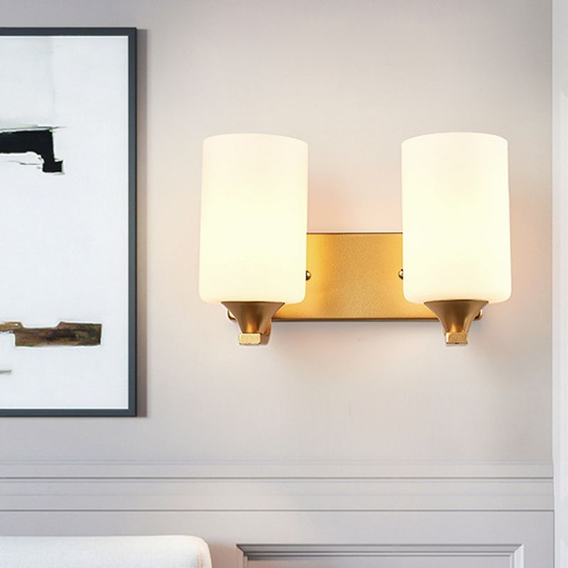2-Bulb Wall Mount Lamp Traditional Cylindrical Milky Glass Wall Lighting Fixture in Gold