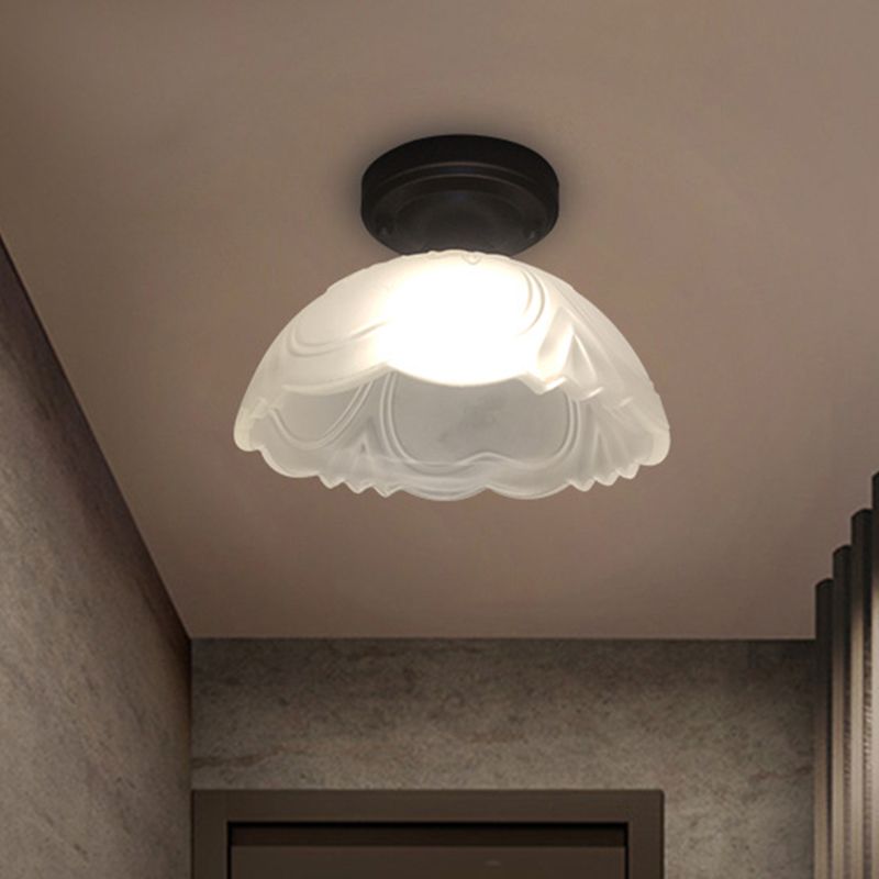 Black Single Bulb Ceiling Flush Country Style Ribbed Clear Glass Flower Flush Mount Light Fixture