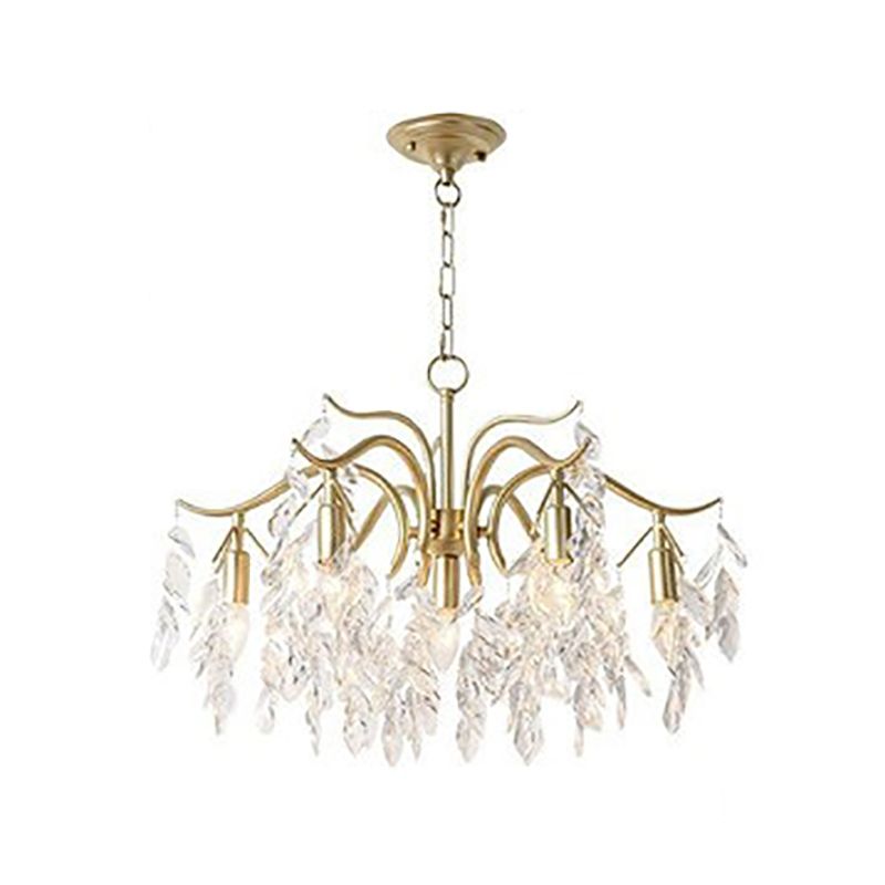 Crystal Leaf Pendant Light Fixture Country Style Living Room Chandelier in Gold