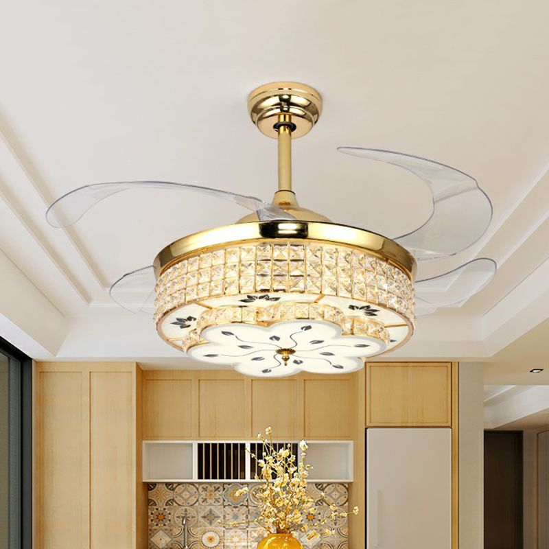 Crystal Floral Crystal Plafond Lampe à la lampe en or moderne Finition en or LED Semi Flush Light avec 4 lames transparentes