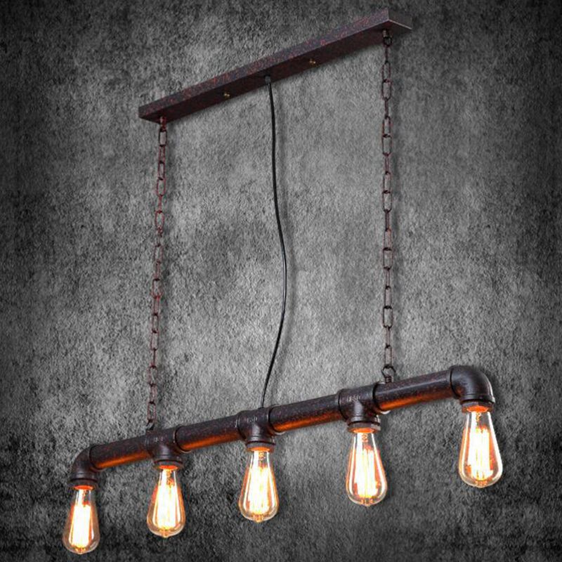 Rust 5-Light Hanging Pendant Industrial Style Iron Plumbing Pipe Island Light over Table