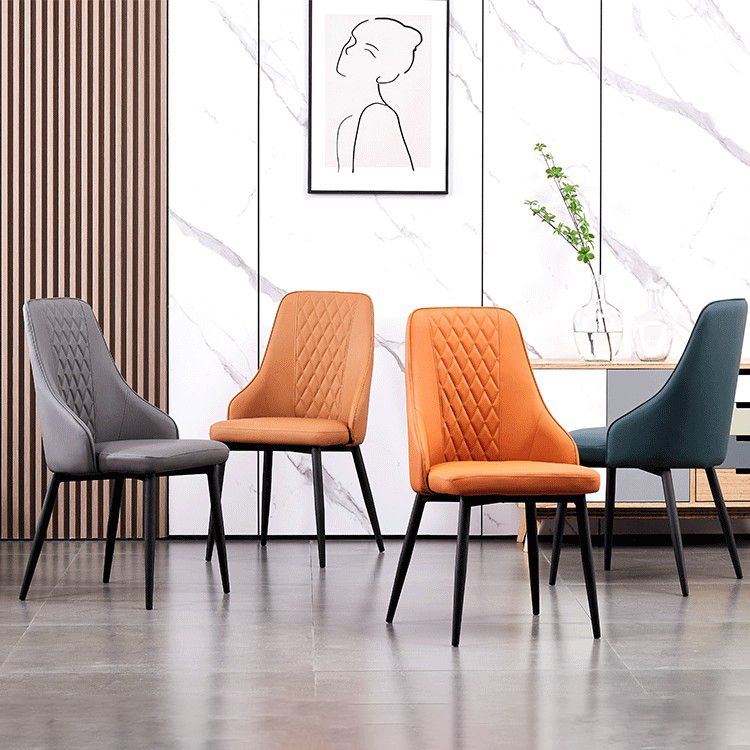 Modern Leather Dining Chair Solid Back Armless Side Chairs with Metal Legs
