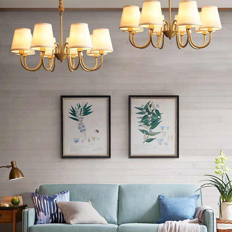 Postmoderner Kegel hängende Kronleuchter hellweiß weiße Stoff Schatten Decke Kroren in Gold für Wohnzimmer