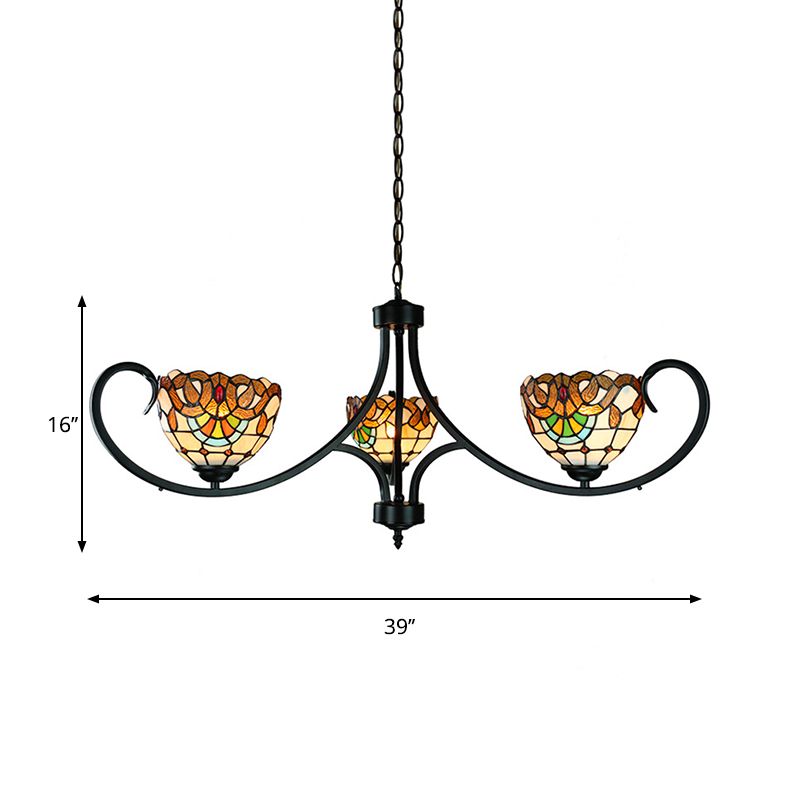 Victorian Bowl ciotola Luce a sospensione con catena sospesa vetrate 3 luci lampadario in beige per sala da pranzo