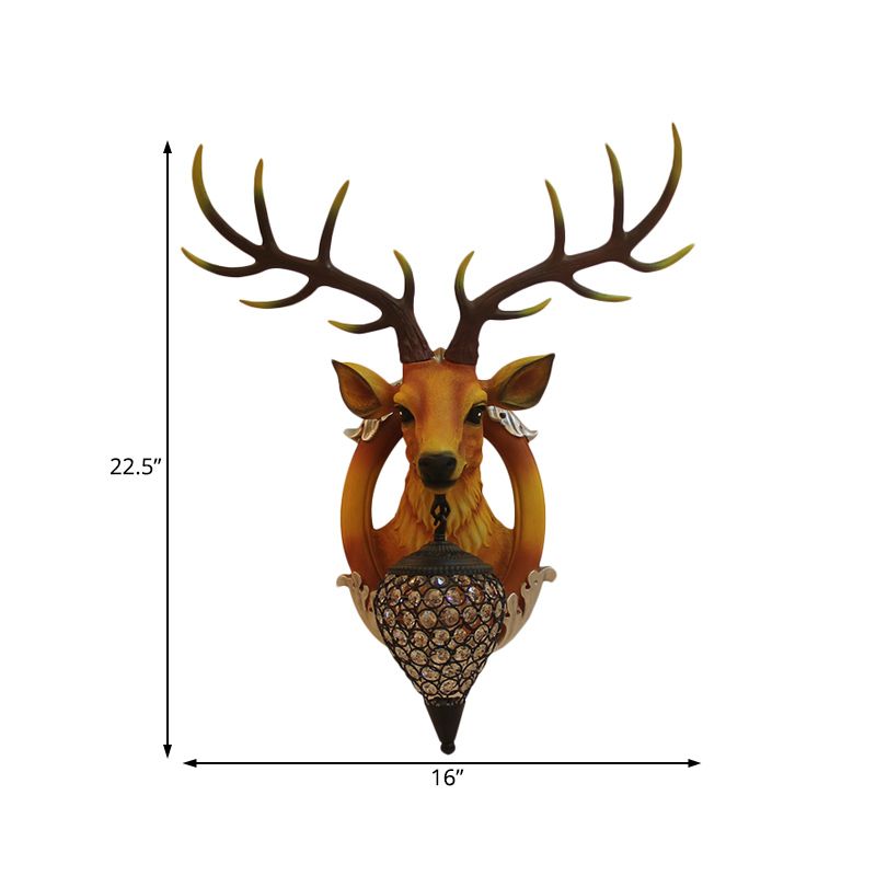 Brown Faux Deer Head Sconce Lamp Farmhouse Resin 16"/21" Wide 1 Bulb Living Room Wall Mounted Light with Drop Crystal Shade