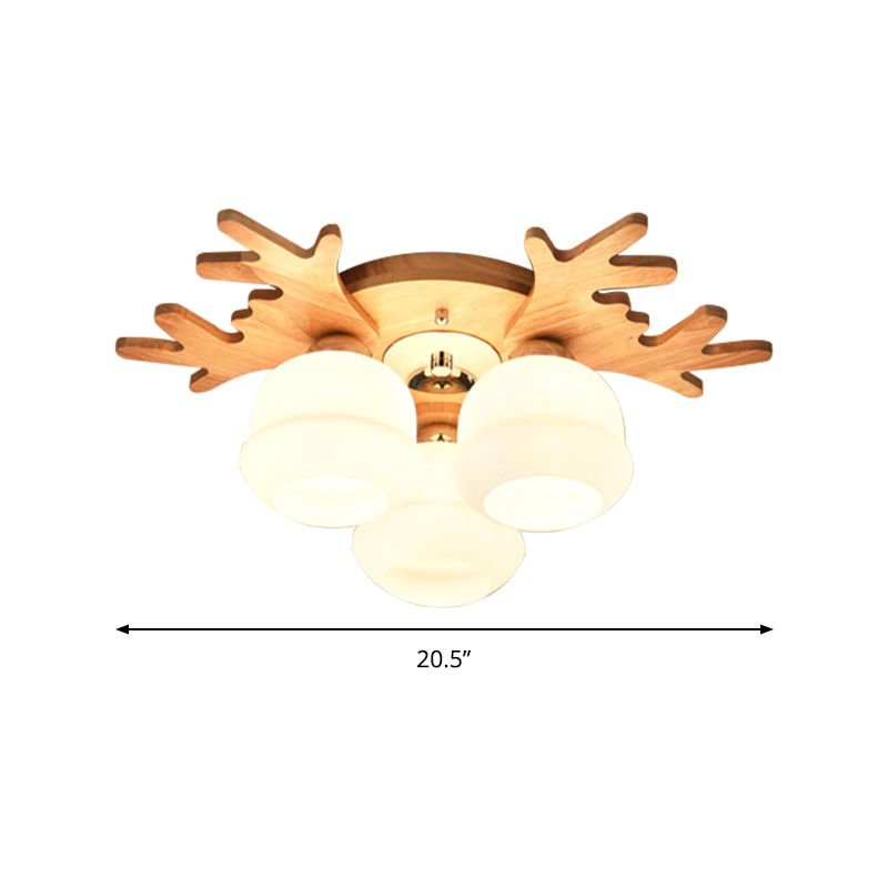 White Bud Shade Ceiling Mount Light with Beige Antlers Lovely Wooden Ceiling Lamp for Kid Bedroom