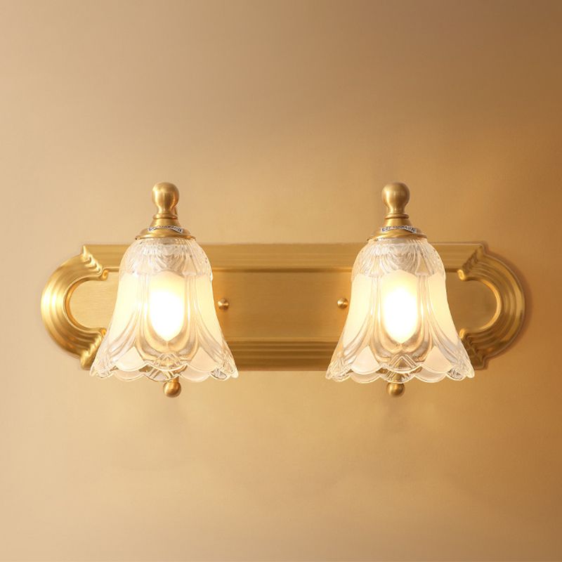 Bathroom Decoration Wall Light Sconce Brass Armed Wall Mounted Mirror Front in Ribbed Glass Shade