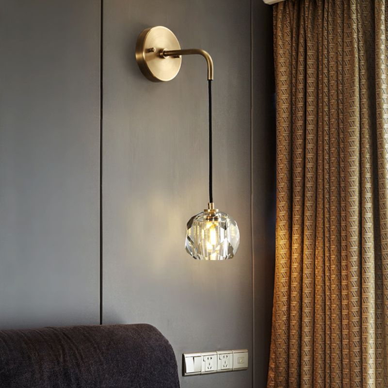 Gold Hanging Wall Sconce in Modern Luxury Style Copper Globe Wall Light with Crystal Shade