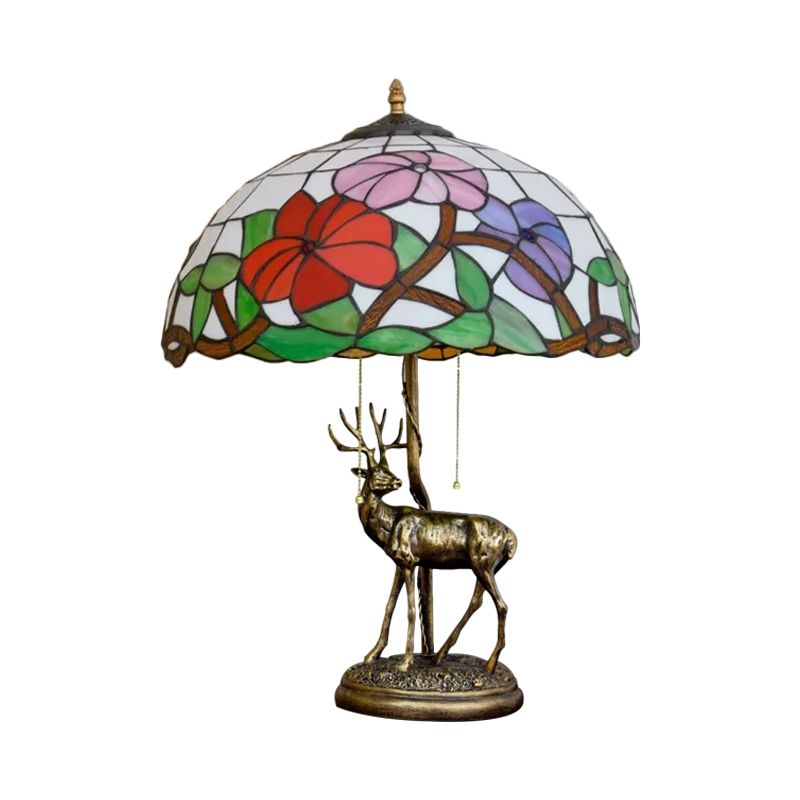 Rot/orange Glasblumen-Nachttisch-Lampe Tiffany 2-Bulb Bronze-Tischbeleuchtung mit Sika-Hirschstatue und Zugkette