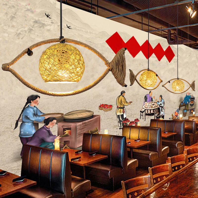 Hennep touw visophanging verlichting retro restaurant hanger plafondlicht met bol rattan schaduw in bruin