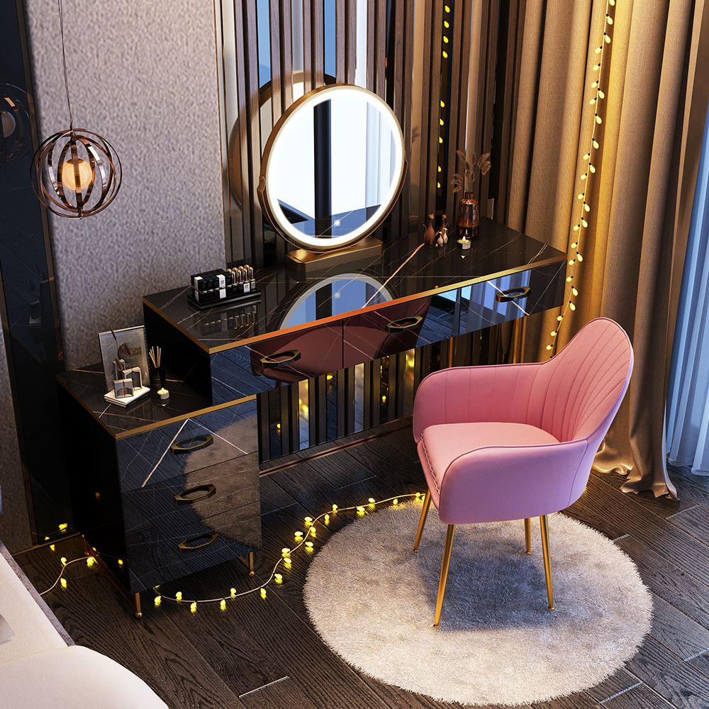 Glam Stone Top Makeup Dressing Table with Drawers in Black for Living Room