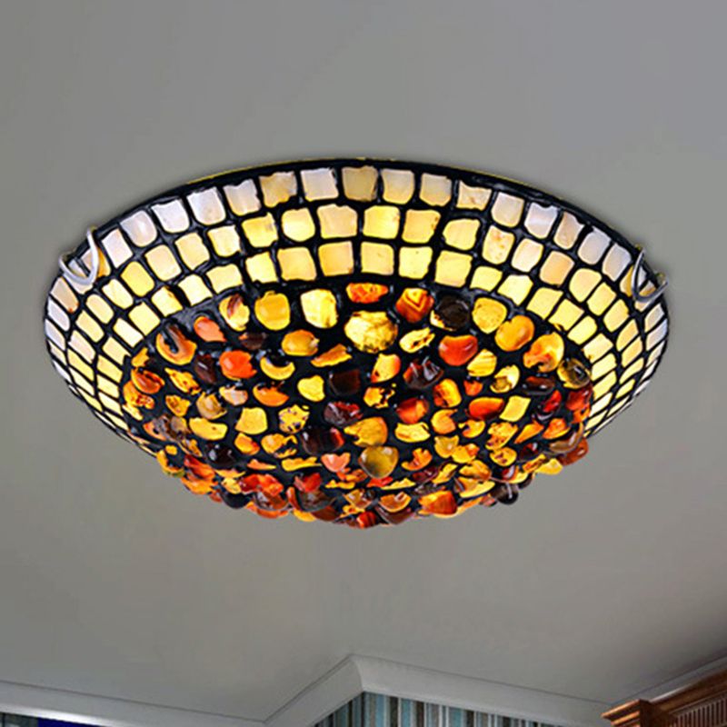 Agate Amber Ceiling Light Dome Shade Mediterranean Flush Mount Lighting with Shell Decor