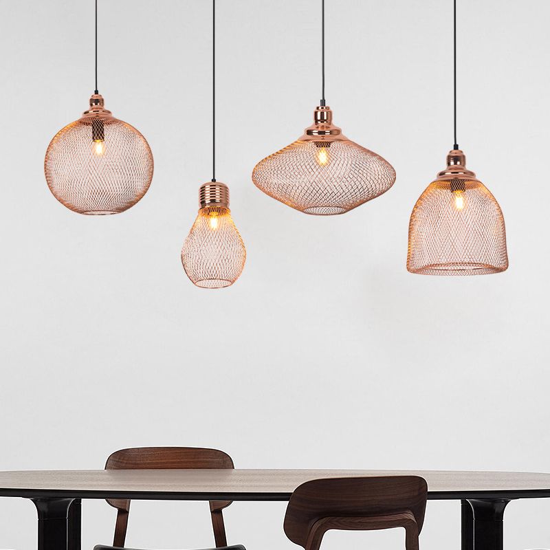 Vintage Bulb Cage Suspension Light 1 Light Iron Pendant Lighting Fixture in Rose Gold for Restaurant