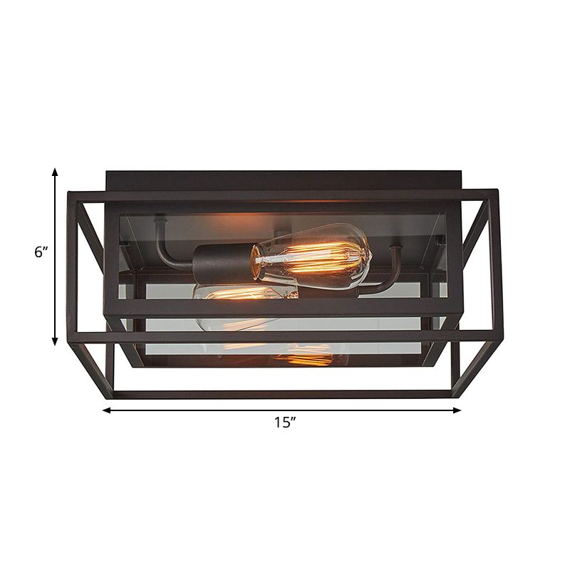 2 Lights Indoor Flush Ceiling Light Vintage Style Black Flush Mount Lamp with Squared Frame Clear Glass Shade