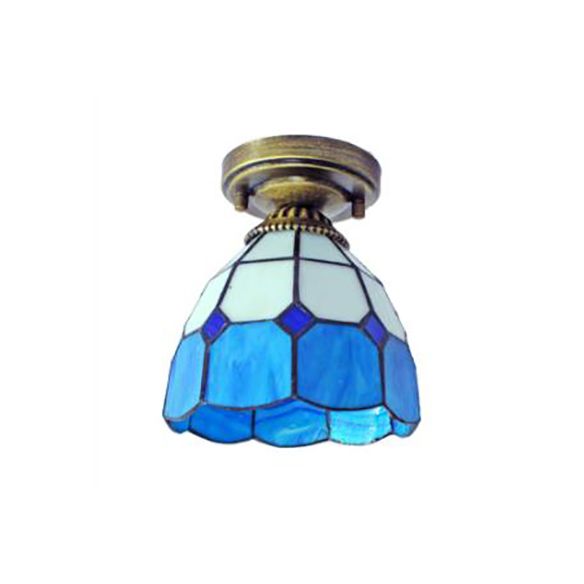 Dôme en vitrail luminaire avec triangle / bleu carré / feuille bleue / carré / diamant bleu / diamant Parlern 1 clair Méditerranéen Flushmount en laiton finition