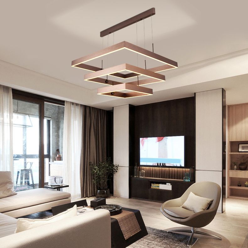 3-Tier Square LED Pendant Light Modern Metal Coffee Finish Chandelier for Living Room